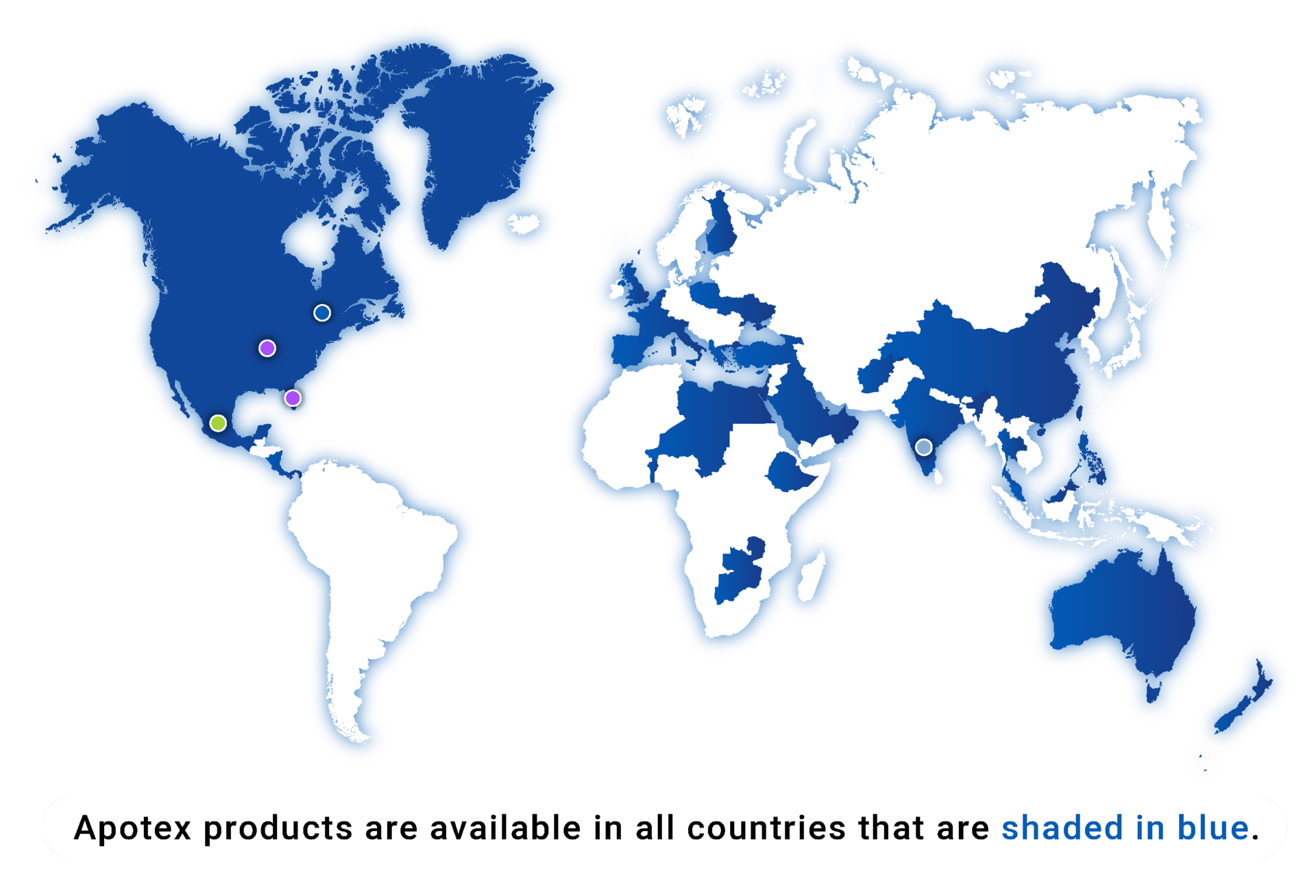 Apotex products are available in all countries that are shaded in blue